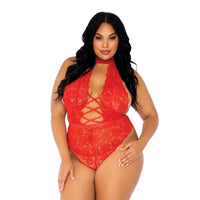 Leg Avenue Floral Lace Crotchless Teddy Red UK 18 to 22 - Kinky Betty's - 