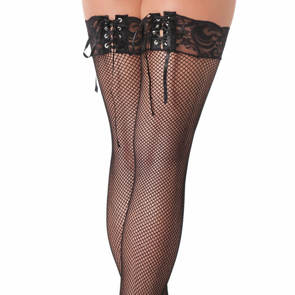 Black Fishnet Stockings With Lace Ribbon Tops - Kinky Betty's - 